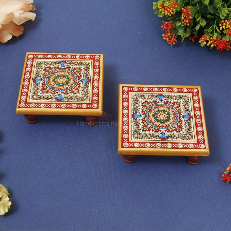 Handicrafts Paradise Intricate Floral Painted Marble Chowki