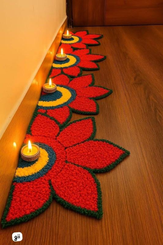 Decorative Floral Rangoli Mat Set (Red, Set of 2)