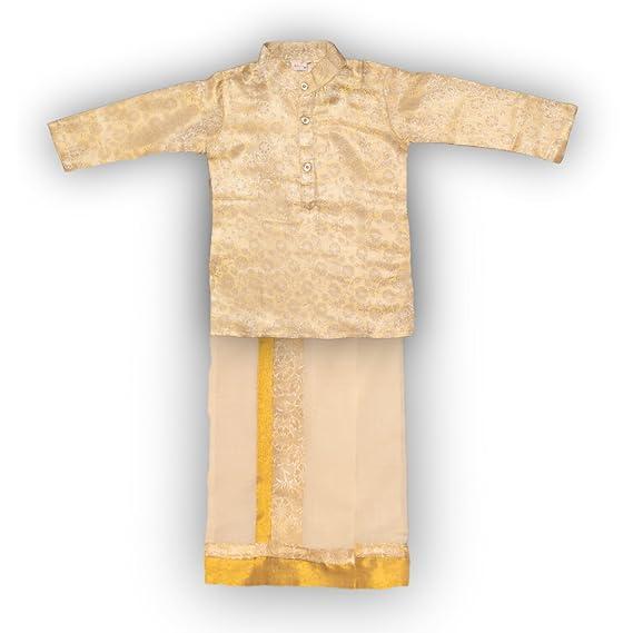 Nuts Clothing Boys Golden Kurta and Cream Mundu Set